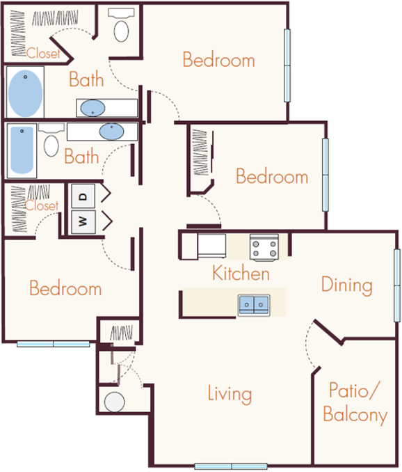 Floor plan for 3 beds, 2 baths, 1278 sqft